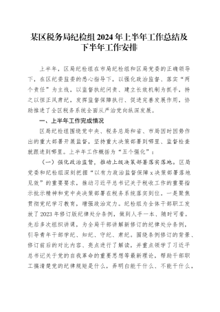 某区税务局纪检组2024年上半年工作总结及下半年工作安排