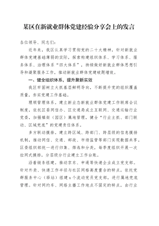 某区在新就业群体党建经验分享会上的发言