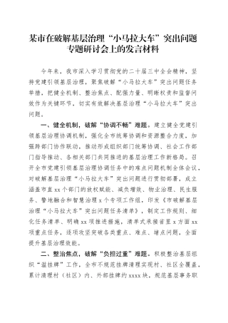 某市在破解基层治理“小马拉大车”突出问题专题研讨会上的发言材料