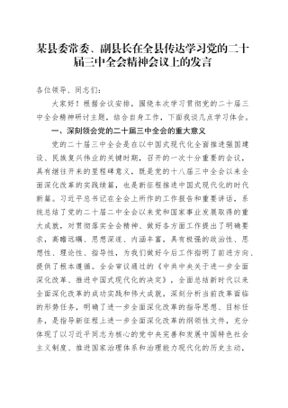 某县委常委、副县长在全县传达学习党的二十届三中全会精神会议上的发言