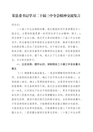某县委书记学习二十届三中全会精神交流发言
