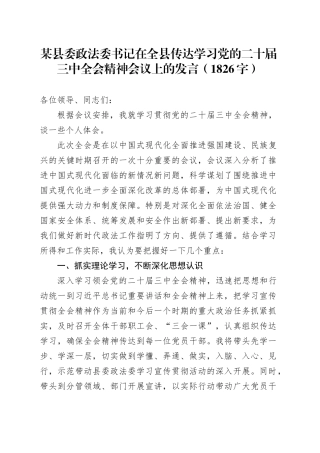 某县委政法委书记在全县传达学习党的二十届三中全会精神会议上的发言（1826字）