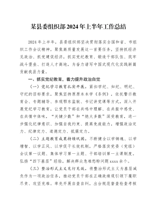 某县委组织部2024年上半年工作总结