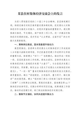 某县在村集体经济交流会上的发言