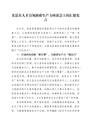 某县在人才引领新质生产力座谈会上的汇报发言