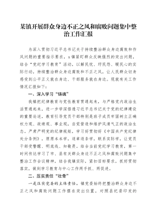某镇开展群众身边不正之风和腐败问题集中整治工作汇报