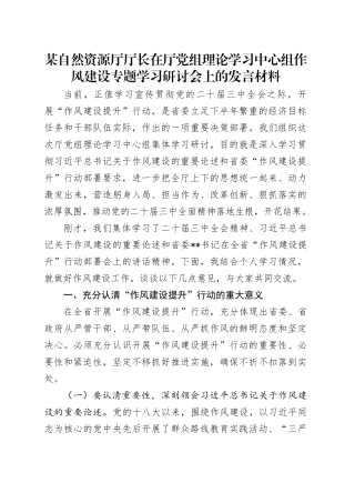 某自然资源厅厅长在厅党组理论学习中心组作风建设专题学习研讨会上的发言材料