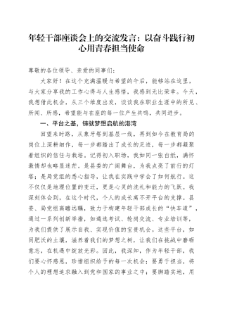 年轻干部座谈会上的交流发言：以奋斗践行初心 用青春担当使命