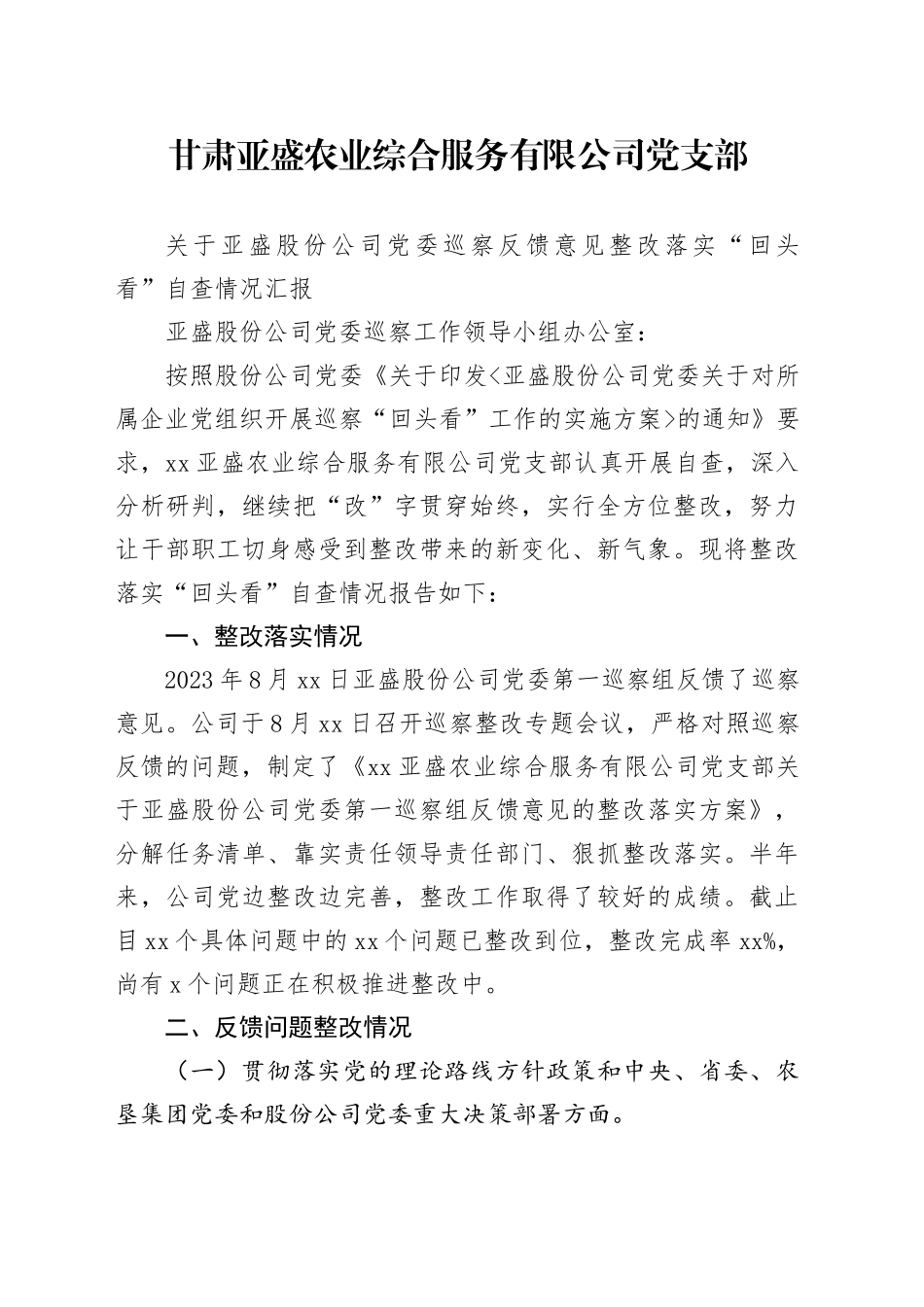 农业综合服务有限公司党支部巡察整改“回头看”自查情况报告（425）_第1页