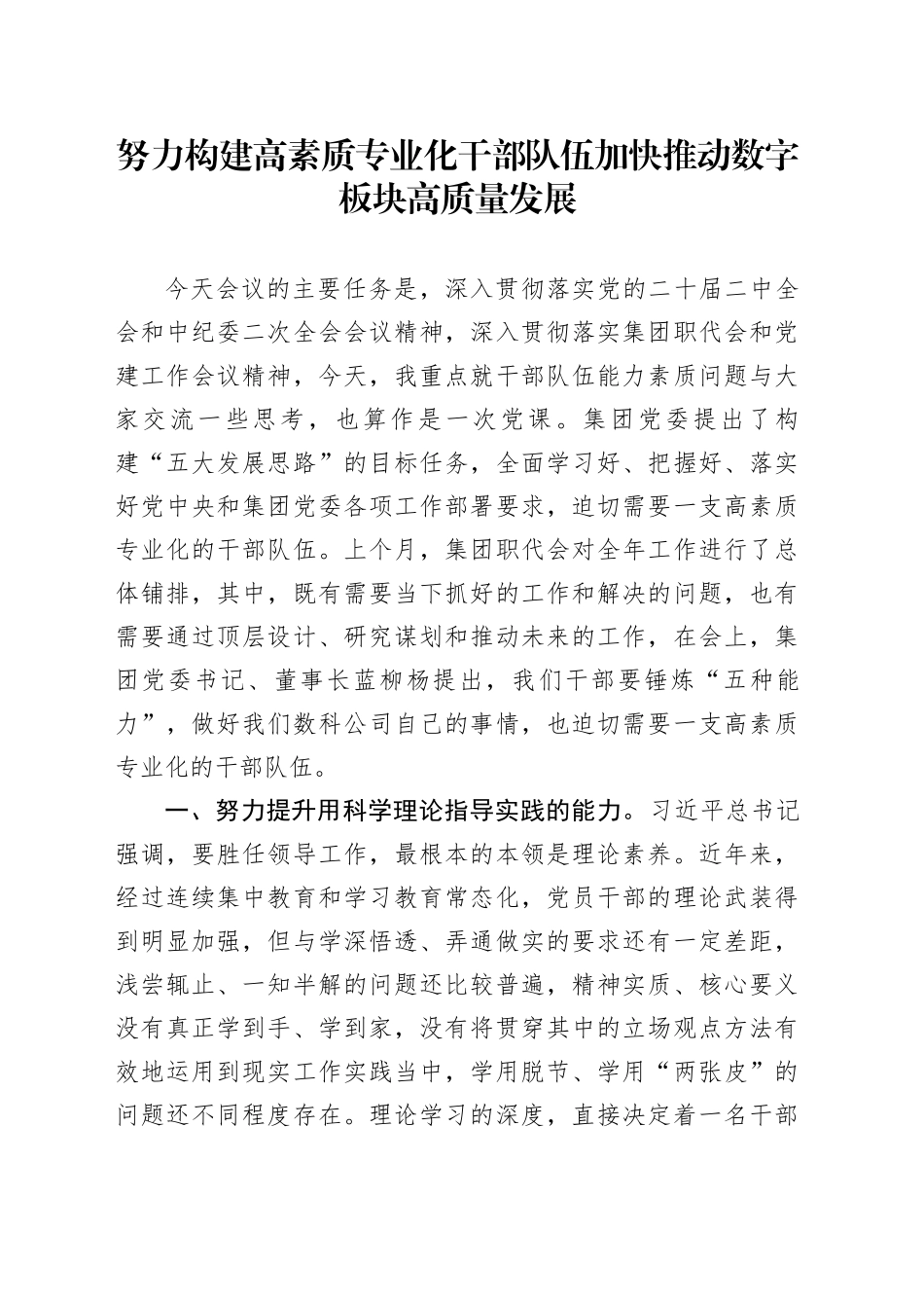 努力构建高素质专业化干部队伍加快推动数字板块高质量发展_第1页