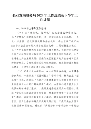 企业发展服务局2024年工作总结及下半年工作计划