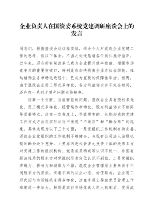 企业负责人在国资委系统党建调研座谈会上的发言