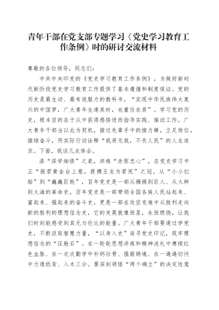 青年干部在党支部专题学习《党史学习教育工作条例》时的研讨交流材料