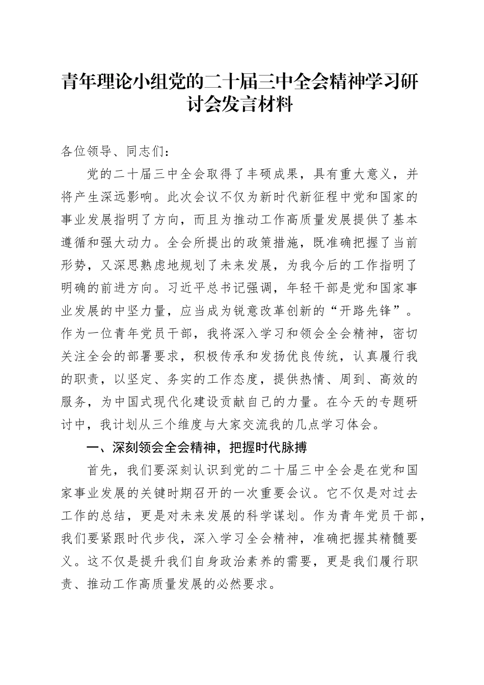 青年理论小组党的二十届三中全会精神学习研讨会发言材料心得体会20241016_第1页