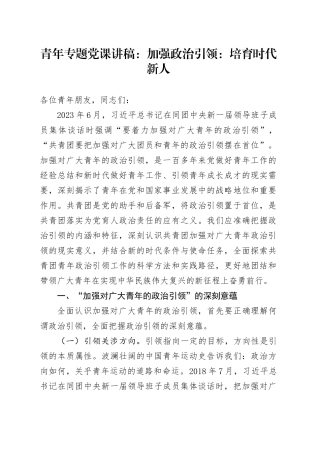 青年专题党课：加强政治引领：培育时代新人