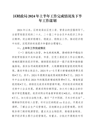 区财政局2024年上半年工作完成情况及下半年工作谋划