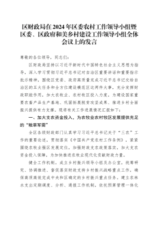 区财政局在2024年区委农村工作领导小组暨区委、区政府和美乡村建设工作领导小组全体会议上的发言