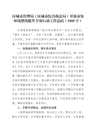 区城市管理局（区城市综合执法局）开展市容环境整治提升专项行动工作总结（3103字）