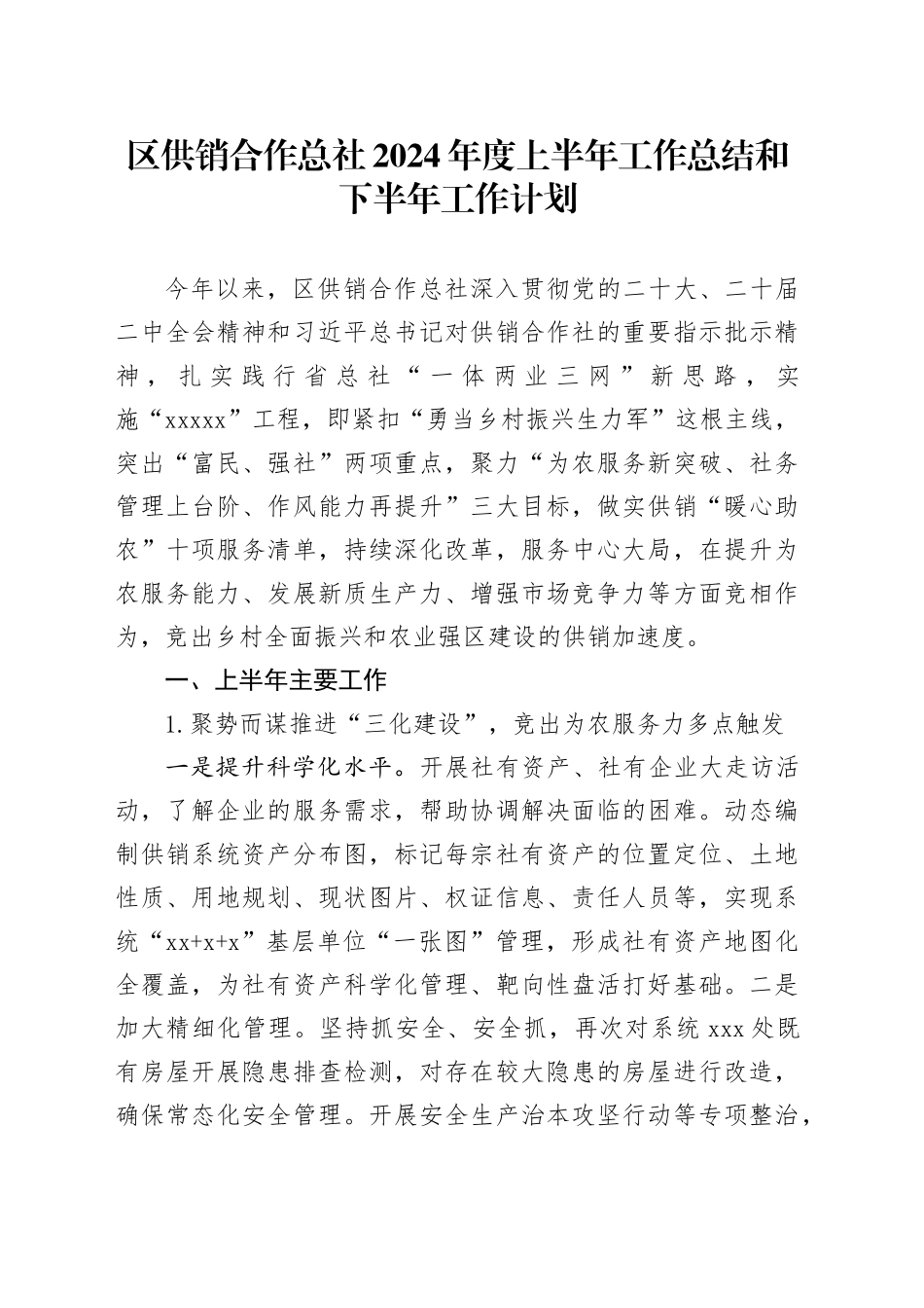 区供销合作总社2024年度上半年工作总结和下半年工作计划_第1页
