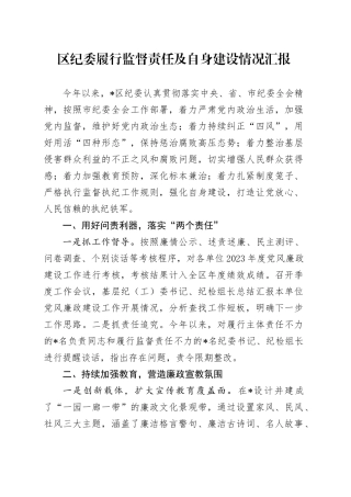 区纪委履行监督责任及自身建设情况汇报