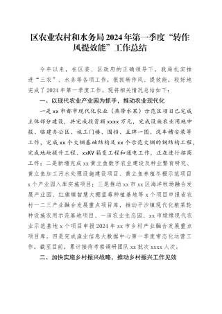 区农业农村和水务局2024年第一季度“转作风提效能”工作总结（20240415）