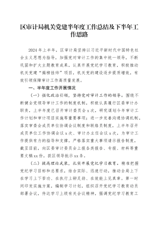 区审计局机关党建半年度工作总结及下半年工作思路