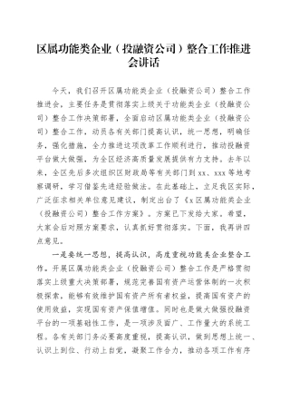 区属功能类企业（投融资公司）整合工作推进会讲话