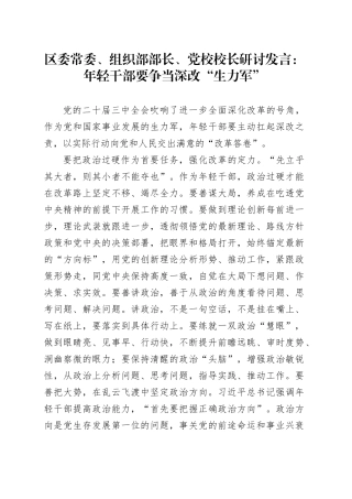 区委常委、组织部部长、党校校长研讨发言：年轻干部要争当深改“生力军”