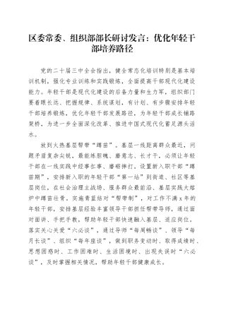 区委常委、组织部部长研讨发言：优化年轻干部培养路径