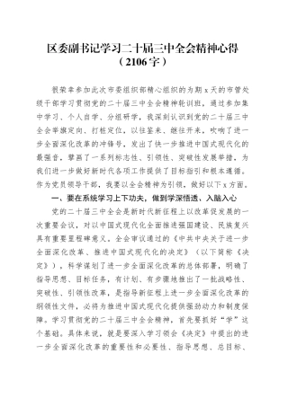 区委副书记学习二十届三中全会精神心得（2106字）