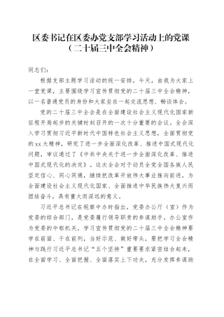 区委书记在区委办党支部学习活动上的党课（二十届三中全会精神）