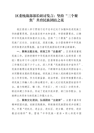 区委统战部部长研讨发言：坚持“三个聚焦”共育民族团结之花