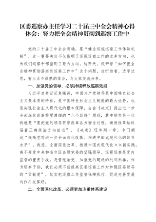 区委巡察办主任学习二十届三中全会精神心得体会：努力把全会精神贯彻到巡察工作中