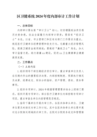 区卫健系统2024年度内部审计工作计划（20240520）