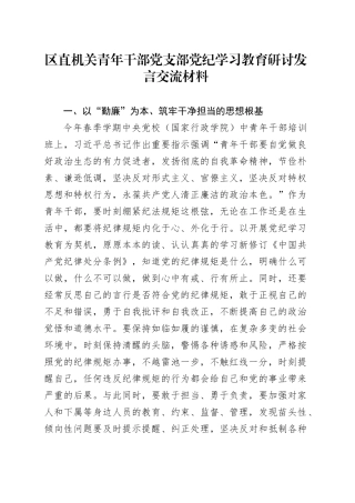 区直机关青年干部党支部党纪学习教育研讨发言交流材料