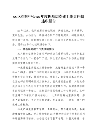 区指挥中心XX年度抓基层党建工作责任制述职报告