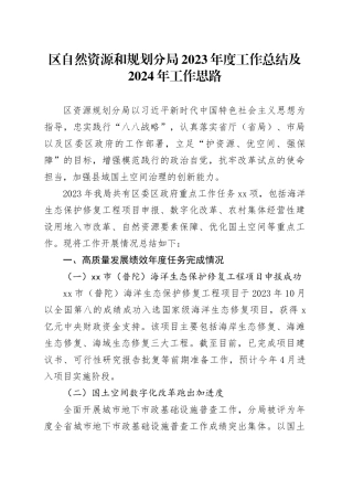 区自然资源和规划分局2023年度工作总结及2024年工作思路（20240119）