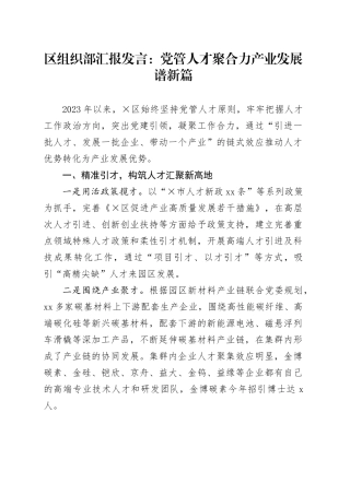 区组织部汇报发言：党管人才聚合力产业发展谱新篇