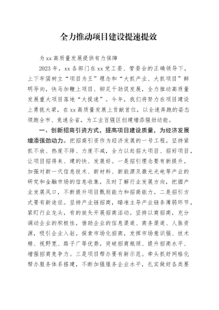 全力推动项目建设提速提效为XX高质量发展提供有力保障