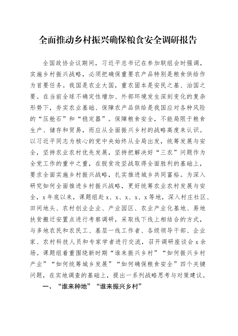 全面推动乡村振兴确保粮食安全调研报告_第1页