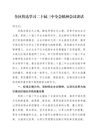 全区传达学习二十届三中全会精神会议讲话20240812