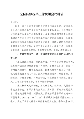 全区防汛抗旱工作视频会议讲话20240814