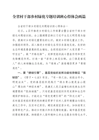全省村干部乡村绿化专题培训班心得体会两篇（发言）