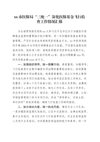 市医保局“三统一”深化医保基金飞行检查工作情况汇报