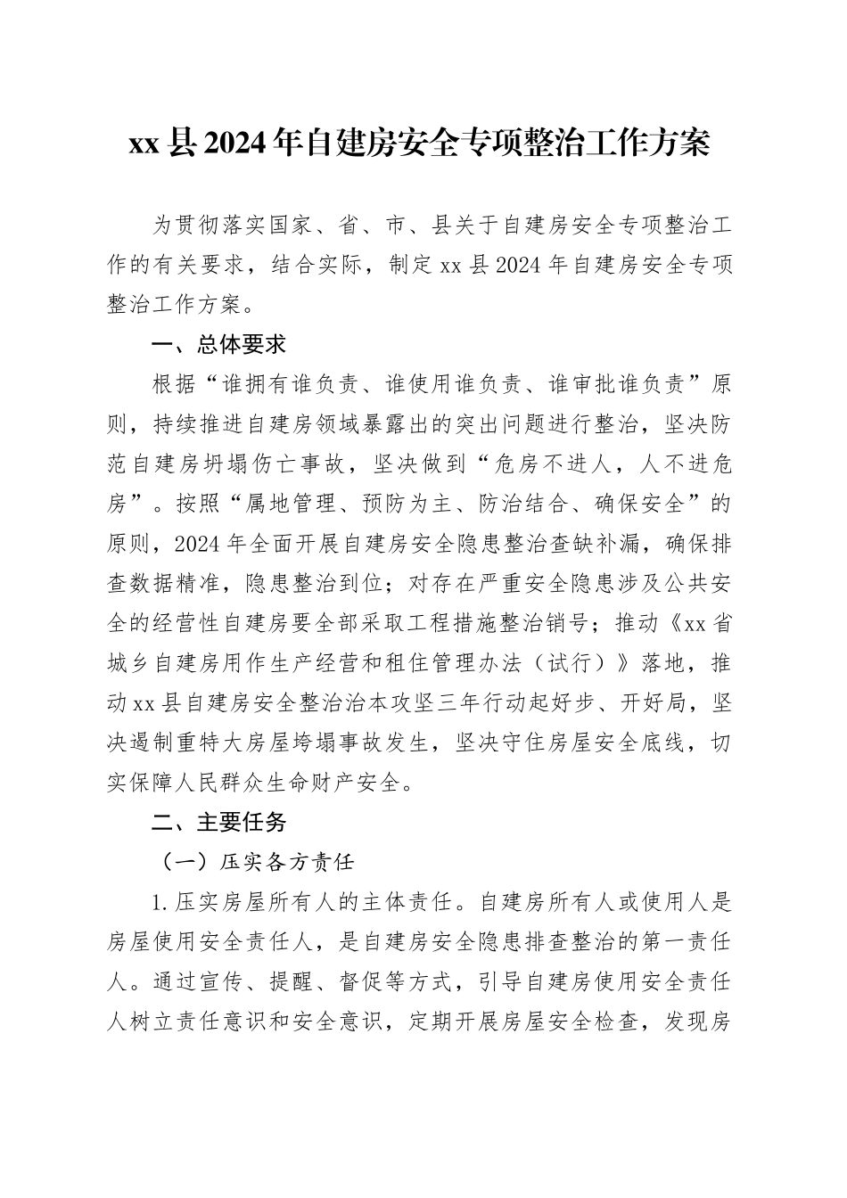 县2024年自建房安全专项整治工作方案_第1页