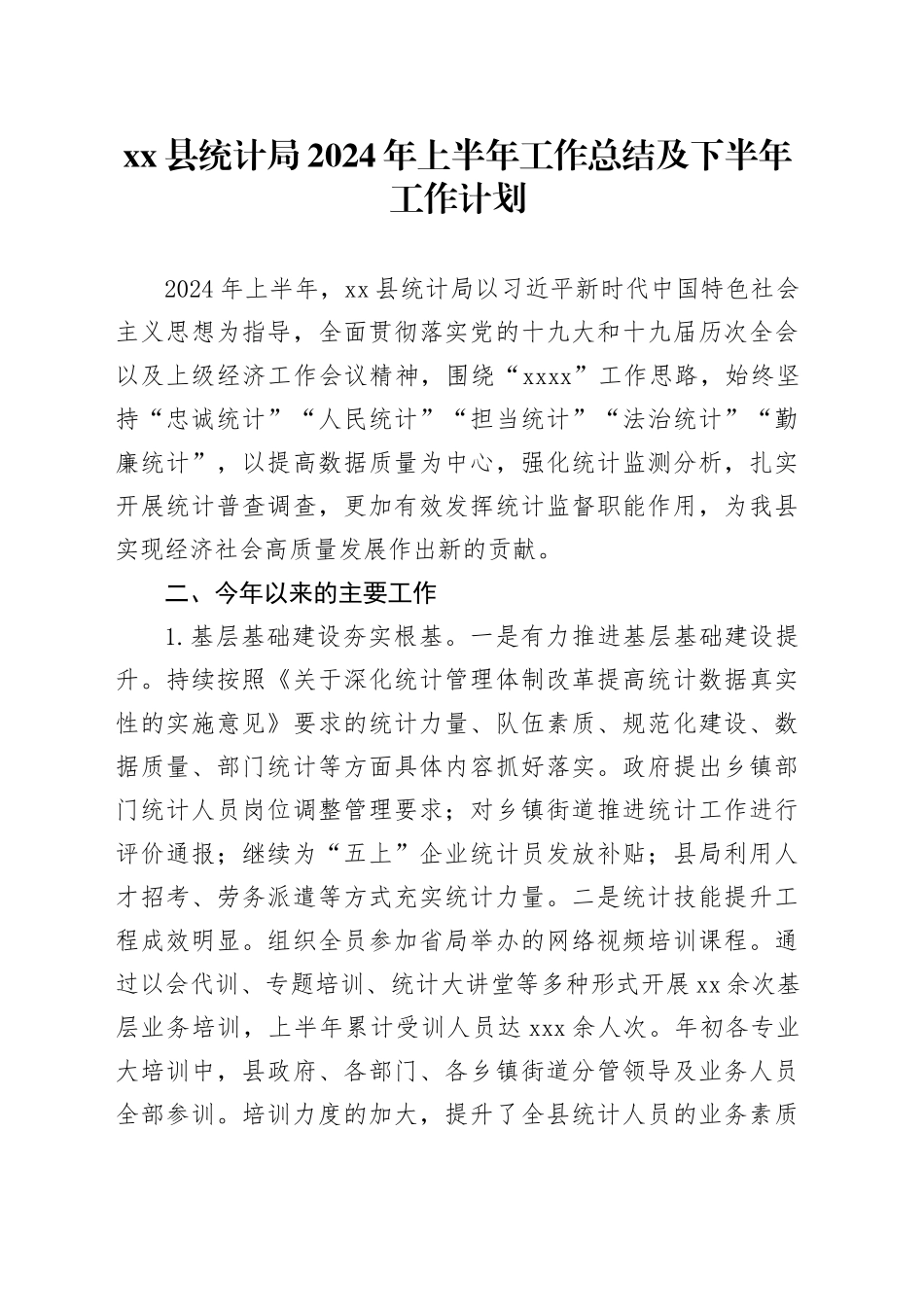 县统计局2024年上半年工作总结及下半年工作计划_第1页