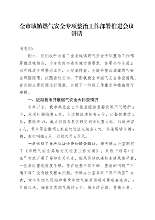 全市城镇燃气安全专项整治工作部署推进会议讲话