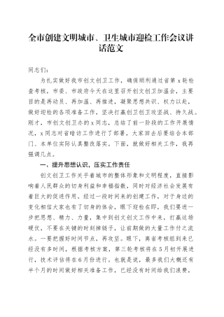 全市创建文明城市卫生城市迎检工作会议讲话20240221