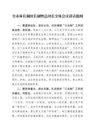 全市林长制田长制暨总河长全体会议讲话提纲