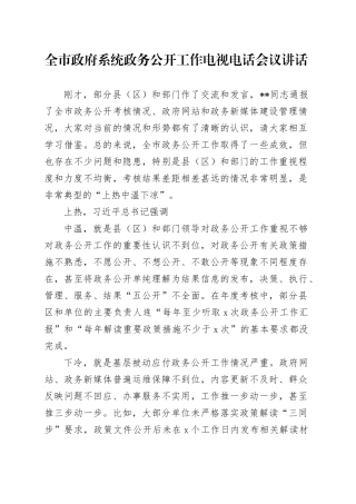 全市政府系统政务公开工作电视电话会议讲话